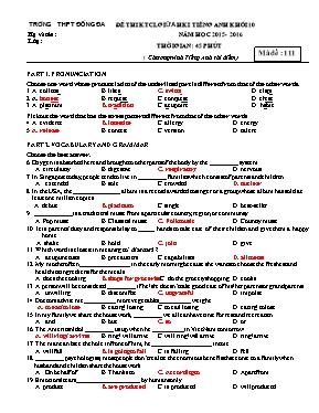 Đề thi kiểm tra chất lượng giữa học kỳ I môn Tiếng Anh Lớp 10 - Mã đề 111 - Năm học 2015-2016 - Trường THPT Đống Đa
